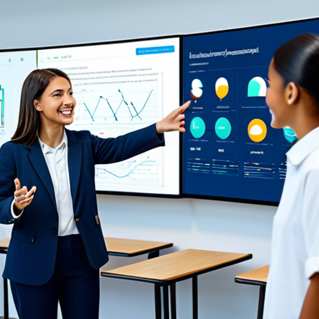A professional female educator in a modest business casual outfit, interacting with a diverse group of students through a modern, clean digital learning interface on large screens. The scene emphasizes continuous feedback and personalized learning paths, with abstract data streams flowing between the educator and students, symbolizing engagement and progress. The background is a bright, futuristic online classroom environment. The image should feature perfect anatomy, correct proportions, natural poses, well-formed hands, proper finger count, and natural body proportions. This is a safe for work, appropriate content, fully clothed, professional, and family-friendly image with high-quality, professional photography.