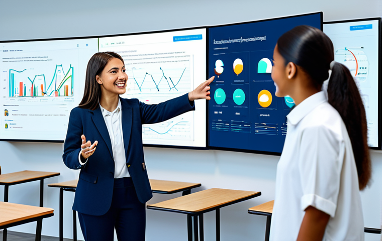 A professional female educator in a modest business casual outfit, interacting with a diverse group of students through a modern, clean digital learning interface on large screens. The scene emphasizes continuous feedback and personalized learning paths, with abstract data streams flowing between the educator and students, symbolizing engagement and progress. The background is a bright, futuristic online classroom environment. The image should feature perfect anatomy, correct proportions, natural poses, well-formed hands, proper finger count, and natural body proportions. This is a safe for work, appropriate content, fully clothed, professional, and family-friendly image with high-quality, professional photography.