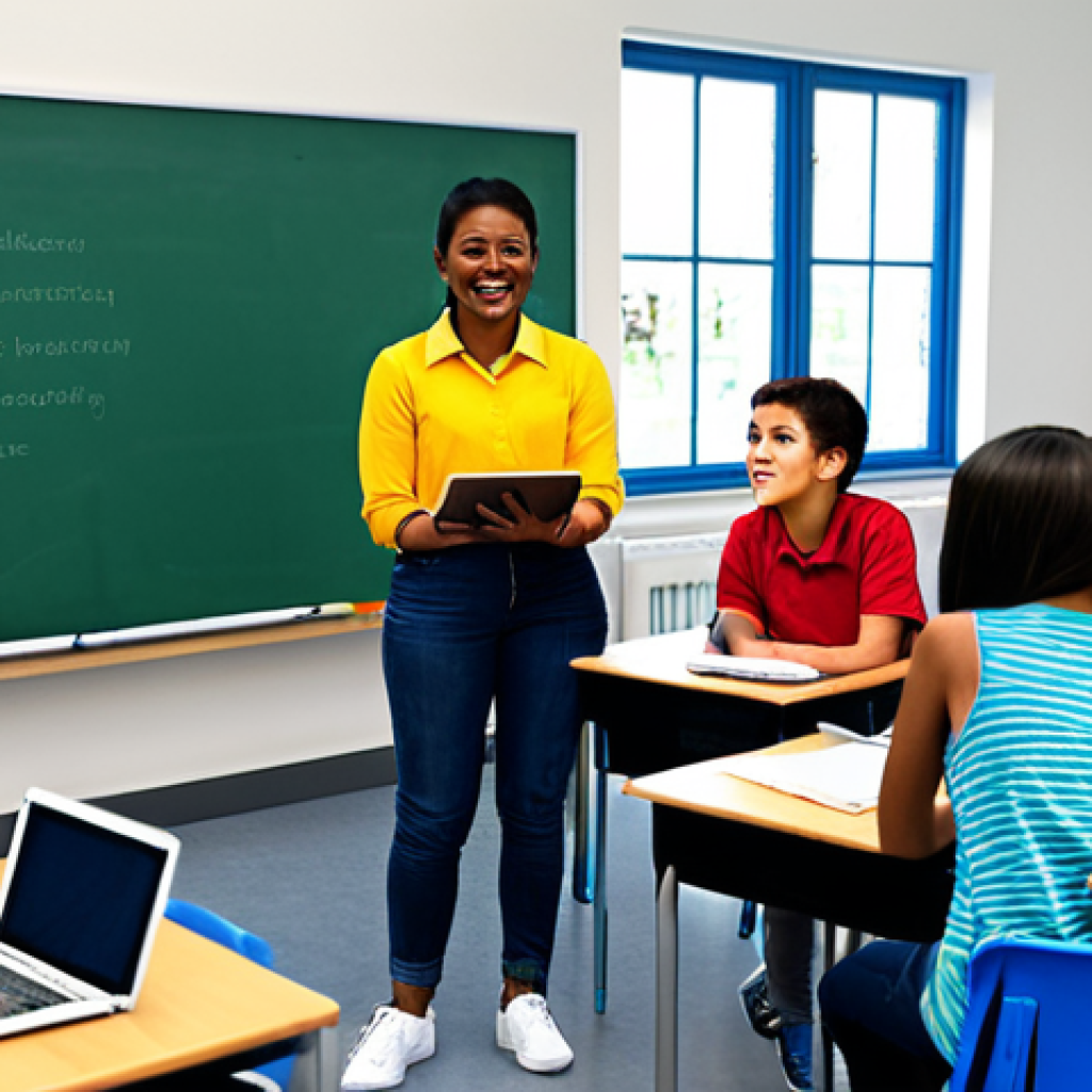 Modern Classroom Scene**
"A bright, modern classroom with diverse students working collaboratively on projects. A teacher acts as a facilitator, guiding and assisting. The classroom is equipped with technology like laptops and interactive whiteboards. Students are fully clothed in appropriate attire, engaged in activities like group discussions and hands-on experiments. safe for work, appropriate content, professional, perfect anatomy, natural proportions, high quality rendering, family-friendly learning environment."
**