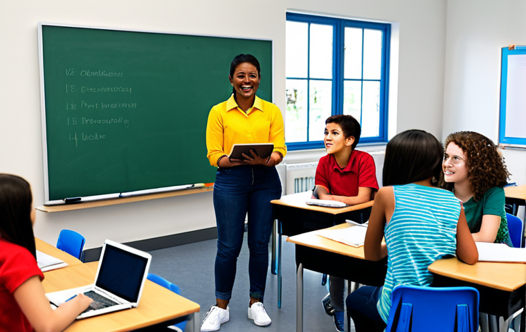 Modern Classroom Scene**
"A bright, modern classroom with diverse students working collaboratively on projects. A teacher acts as a facilitator, guiding and assisting. The classroom is equipped with technology like laptops and interactive whiteboards. Students are fully clothed in appropriate attire, engaged in activities like group discussions and hands-on experiments. safe for work, appropriate content, professional, perfect anatomy, natural proportions, high quality rendering, family-friendly learning environment."
**
