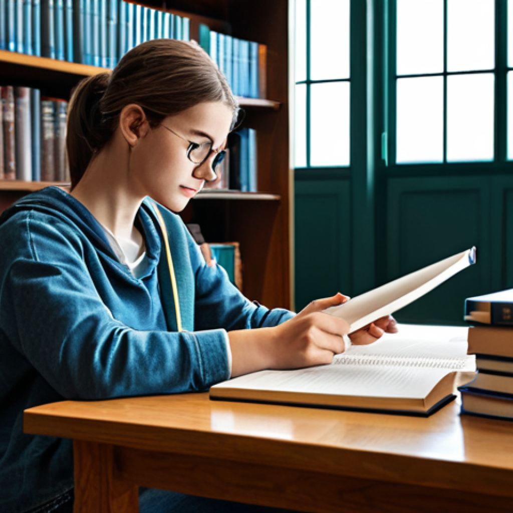 디지털 교육의 평가 및 분석 - "A fully clothed student, wearing casual clothes, studying at a desk in a bright library, surrounded...