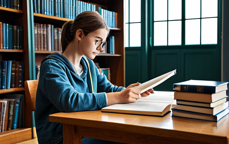 디지털 교육의 평가 및 분석 - "A fully clothed student, wearing casual clothes, studying at a desk in a bright library, surrounded...