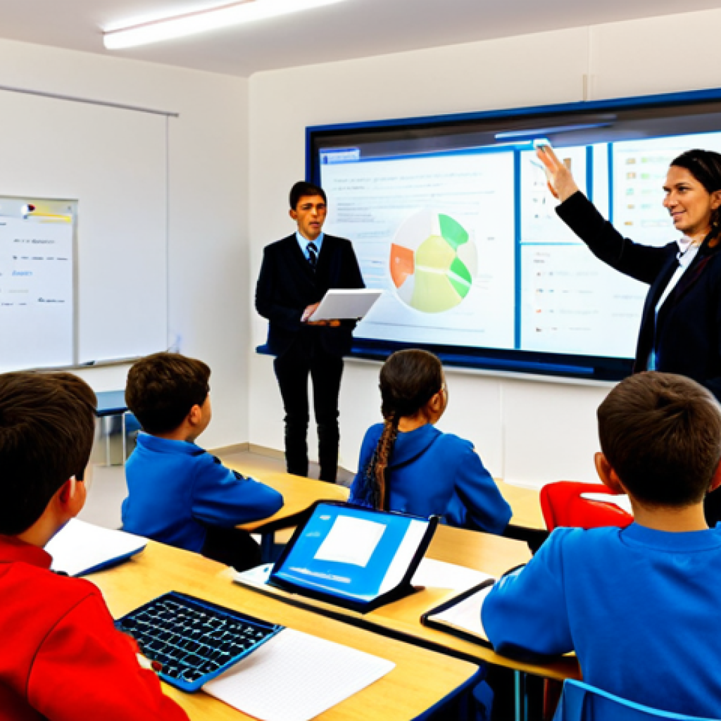 디지털 교육의 기술적 요구 사항 - Modern Portuguese School Classroom**
"A bright, modern classroom in a Portuguese school, showcasing...