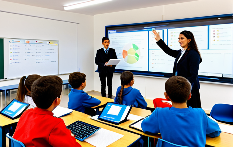 디지털 교육의 기술적 요구 사항 - Modern Portuguese School Classroom**
"A bright, modern classroom in a Portuguese school, showcasing...