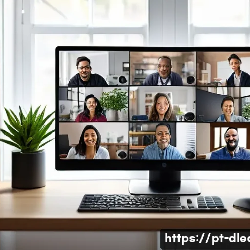 디지털 학습의 리더십 역량 - A diverse group of professionals engaged in a lively virtual meeting, each visible in separate video...