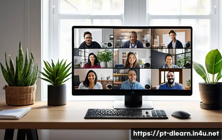 디지털 학습의 리더십 역량 - A diverse group of professionals engaged in a lively virtual meeting, each visible in separate video...