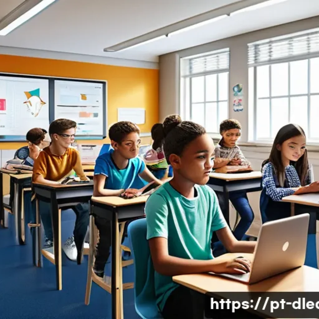 디지털 교육에서의 콘텐츠 개인화 - A modern digital classroom scene featuring diverse students of various ages and ethnicities, each en...