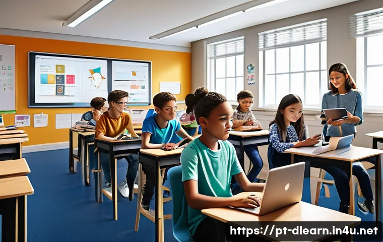 디지털 교육에서의 콘텐츠 개인화 - A modern digital classroom scene featuring diverse students of various ages and ethnicities, each en...
