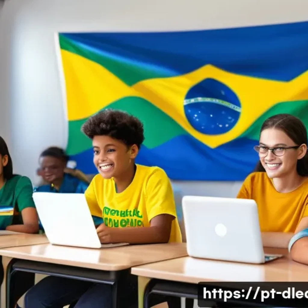 혼합형 온라인 학습 - A modern Brazilian classroom scene blending online and in-person learning: diverse students of vario...