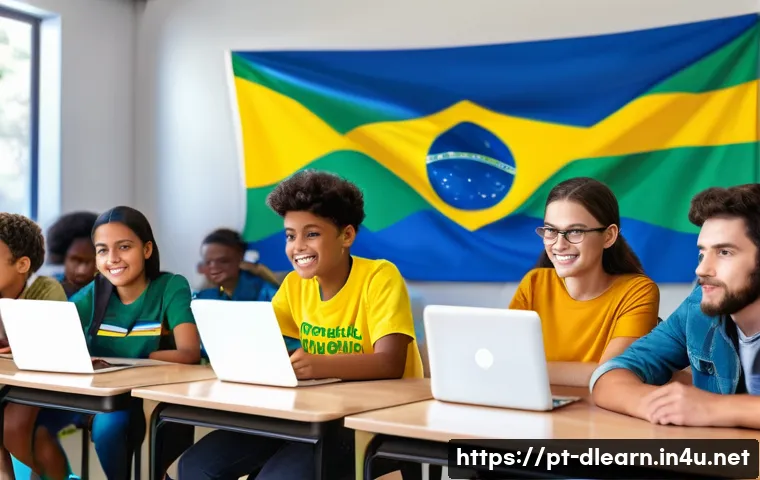 혼합형 온라인 학습 - A modern Brazilian classroom scene blending online and in-person learning: diverse students of vario...
