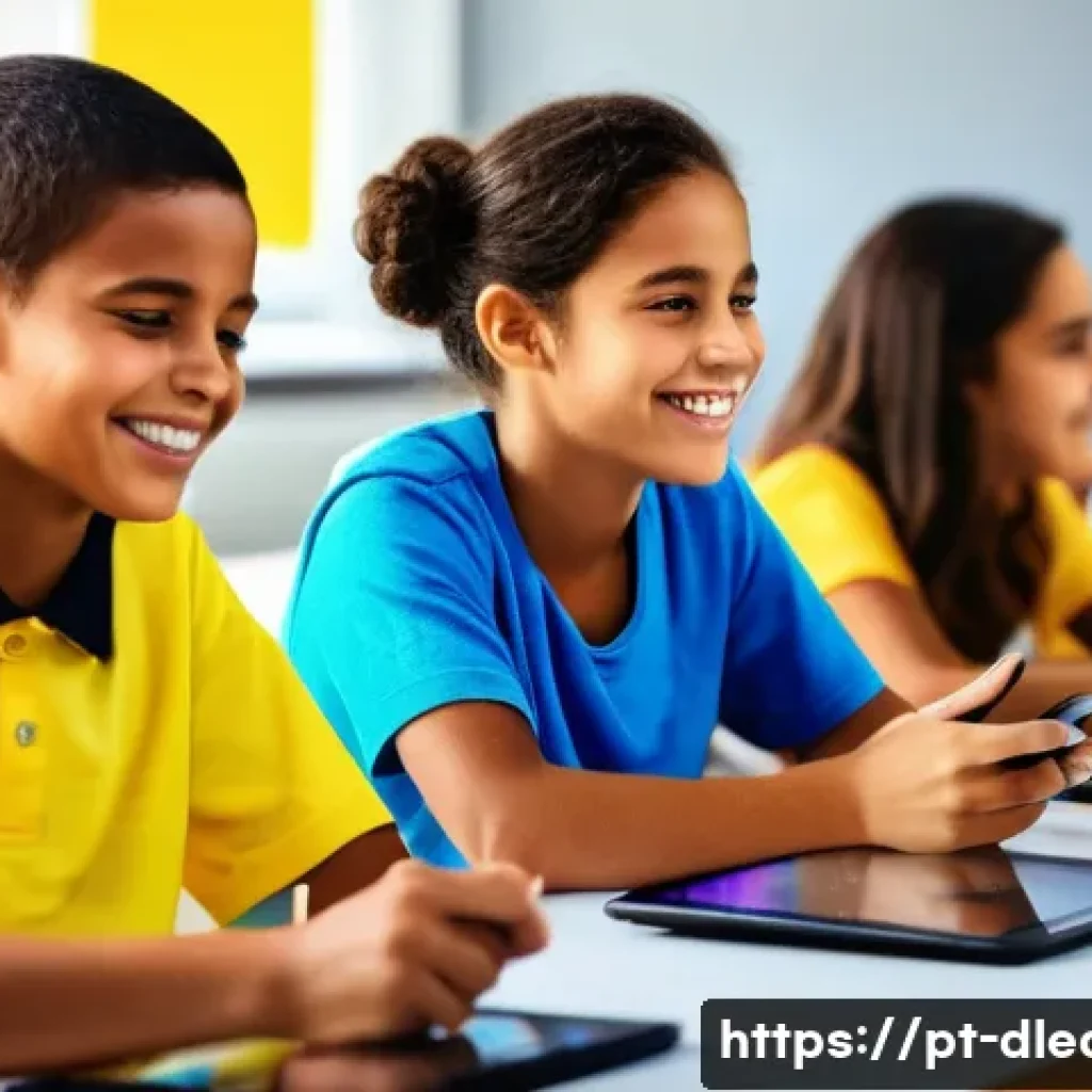 디지털 교육의 혁신적 접근 - A modern classroom scene in Brazil featuring diverse students using tablets and smartphones for inte...