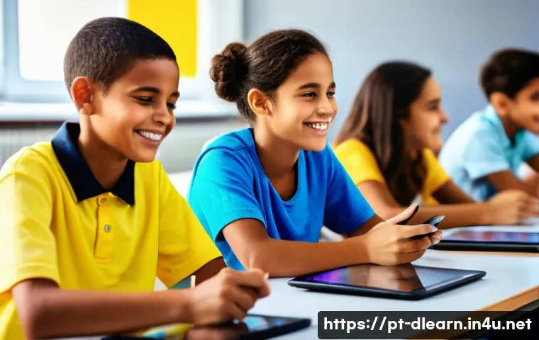 디지털 교육의 혁신적 접근 - A modern classroom scene in Brazil featuring diverse students using tablets and smartphones for inte...
