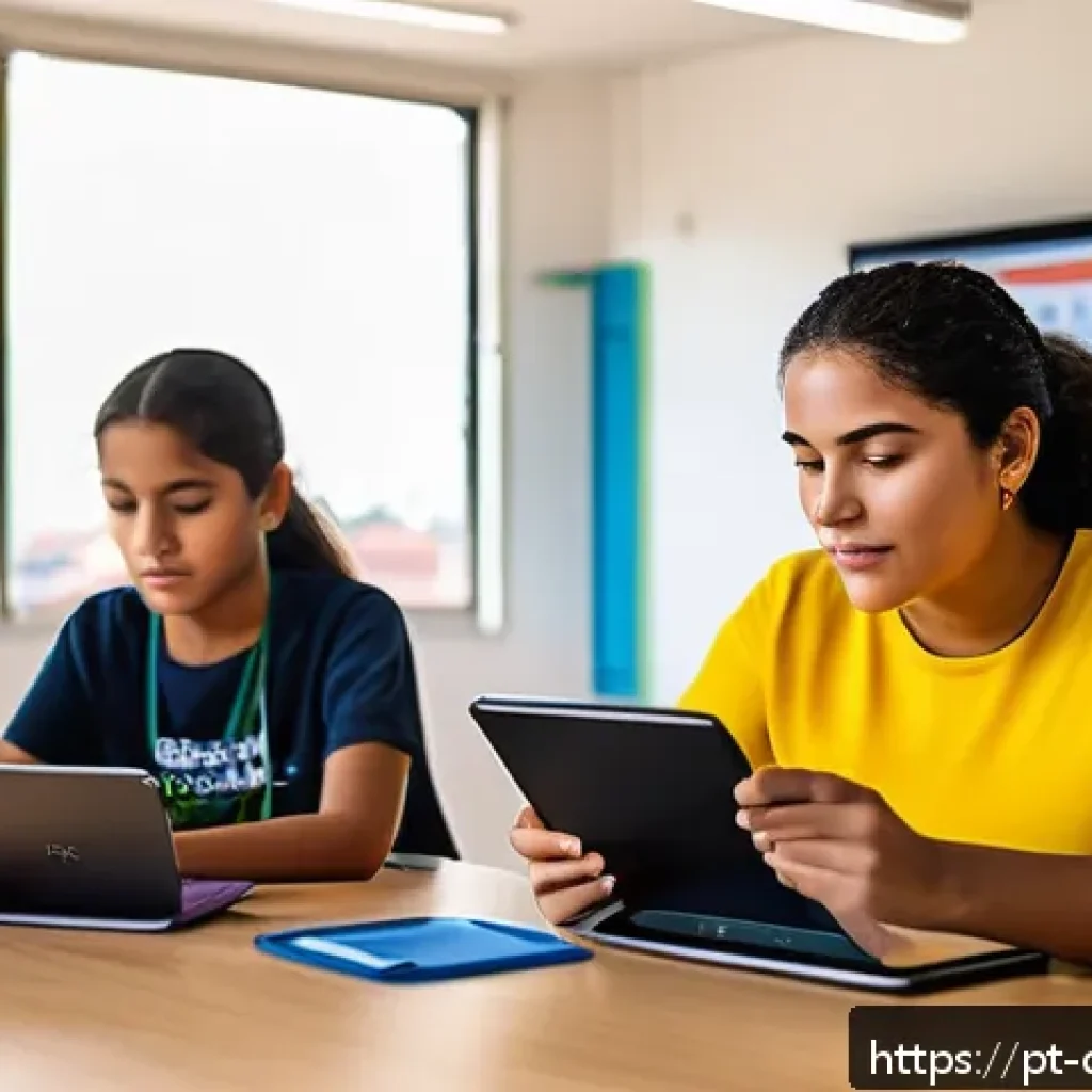 디지털 학습을 위한 AI 기술 활용 - A modern classroom scene in a Brazilian school featuring diverse students using adaptive learning pl...