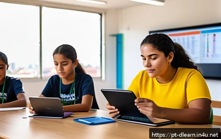 디지털 학습을 위한 AI 기술 활용 - A modern classroom scene in a Brazilian school featuring diverse students using adaptive learning pl...
