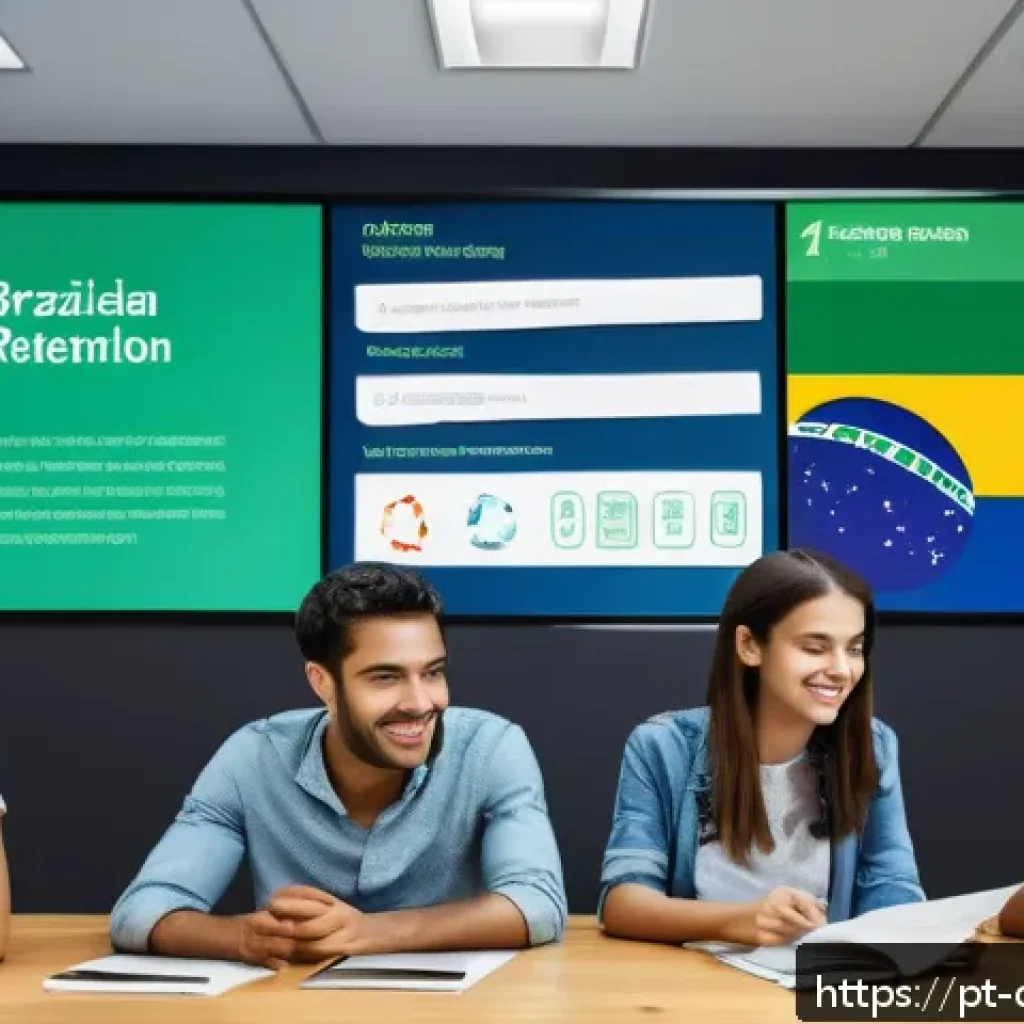 디지털 학습과 뇌 과학 - A modern digital classroom scene in Brazil, featuring a diverse group of young adult students attent...