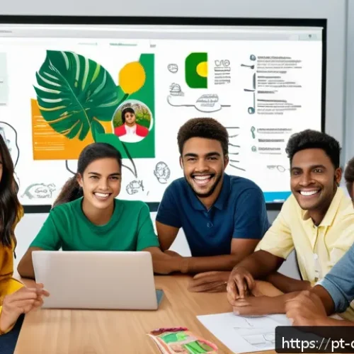 디지털 학습의 창의적 접근법 - A vibrant digital classroom scene set in Brazil, featuring a diverse group of enthusiastic students ...