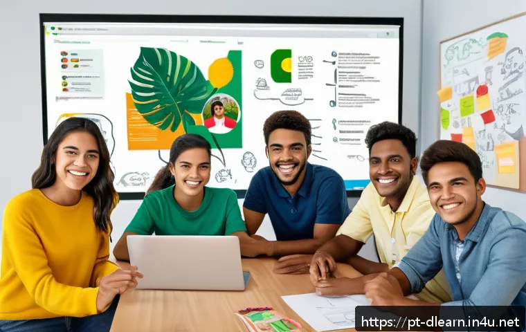 디지털 학습의 창의적 접근법 - A vibrant digital classroom scene set in Brazil, featuring a diverse group of enthusiastic students ...