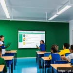 디지털 학습 평가 - A vibrant Brazilian classroom scene with diverse students aged around 12-14 using tablets and laptop...