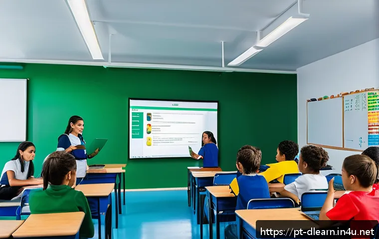디지털 학습 평가 - A vibrant Brazilian classroom scene with diverse students aged around 12-14 using tablets and laptop...