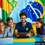 디지털 학습의 성과 비교 - A vibrant digital classroom scene set in Brazil, showing diverse students actively engaging with int...