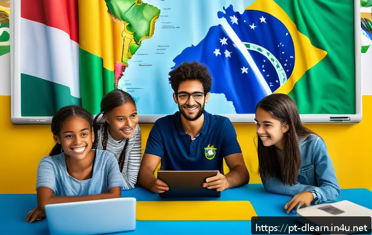 디지털 학습의 성과 비교 - A vibrant digital classroom scene set in Brazil, showing diverse students actively engaging with int...