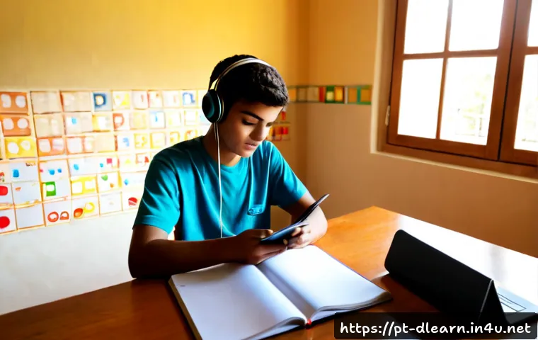 Home 17 스마트 학습 - Photorealistic smart learning scene in a bright Portuguese home study corner, a focused teenage stud...