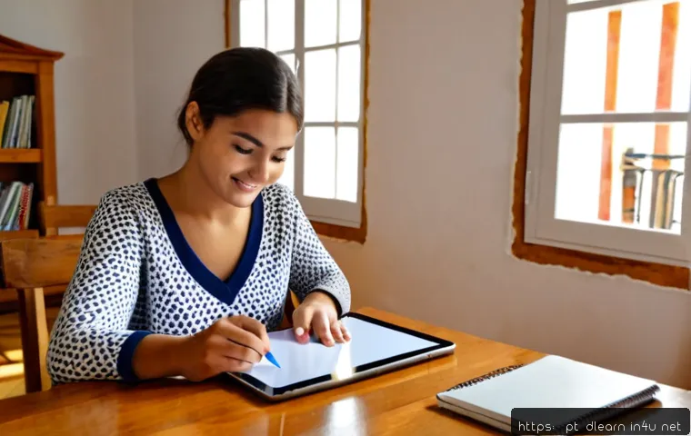 Home 17 디지털 학습의 효과적인 교육법 - Photorealistic home learning scene in Portugal, a friendly middle-aged teacher guiding a teenage stu...
