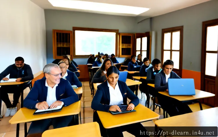 Home 17 디지털 교육을 위한 정부 정책 - Photorealistic government-supported digital education classroom in Portugal, diverse adult learners ...